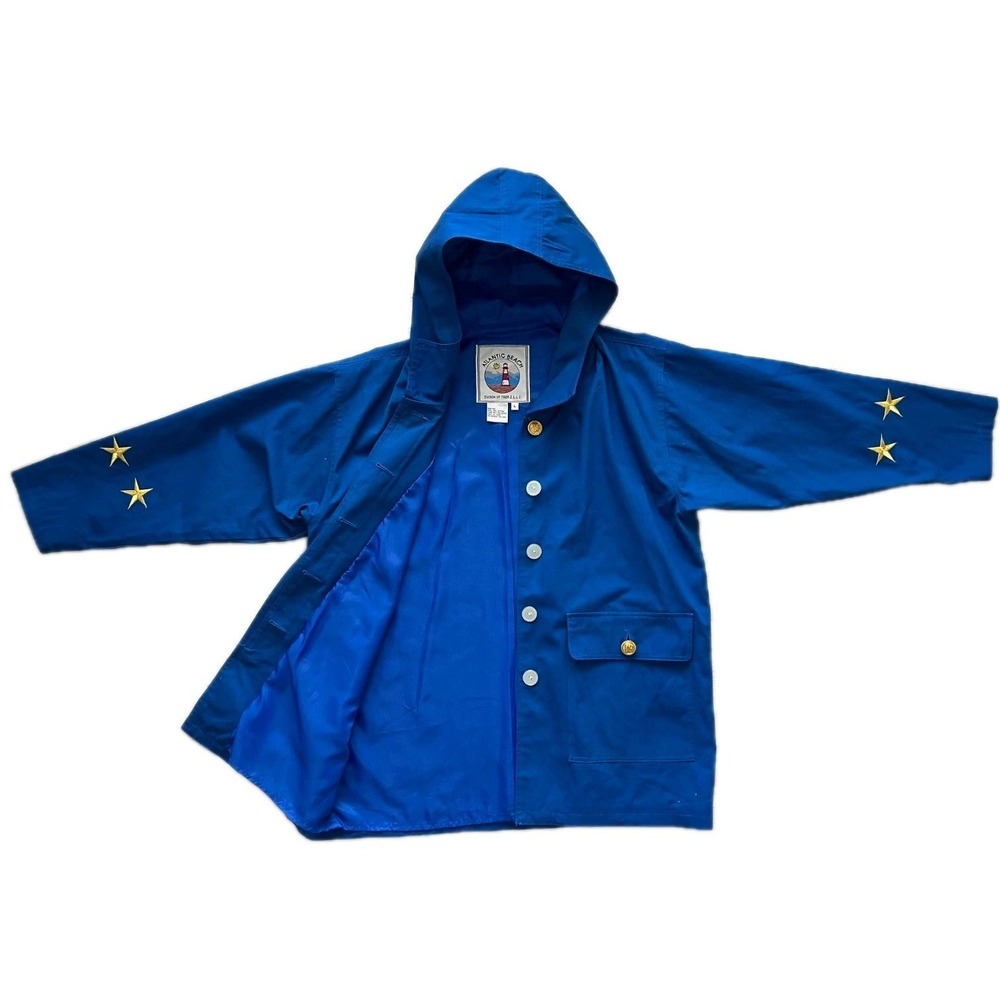Y2K 100% Cotton Atlantic Beach Blue Hooded Coat Nautical Gold Star Sleeve Wom. L